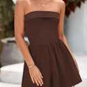 KIRUNDO Summer Rompers For Women 2025 Casual One Piece Strapless Tube Top Sleeveless Skort Short Jumpsuit Beach Vacation (Brown, S)
