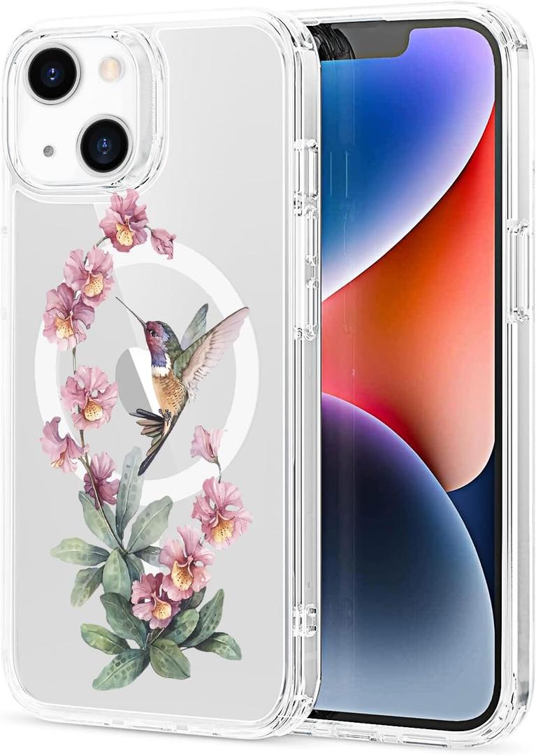 MAYCARI for iPhone 12 mini Case Compatible with MagSafe, Magnetic Cute Pink Floral Hummingbird Design Clear Phone Cover for Girls Women Soft TPU Hard Back Protective Case for iPhone 12 mini