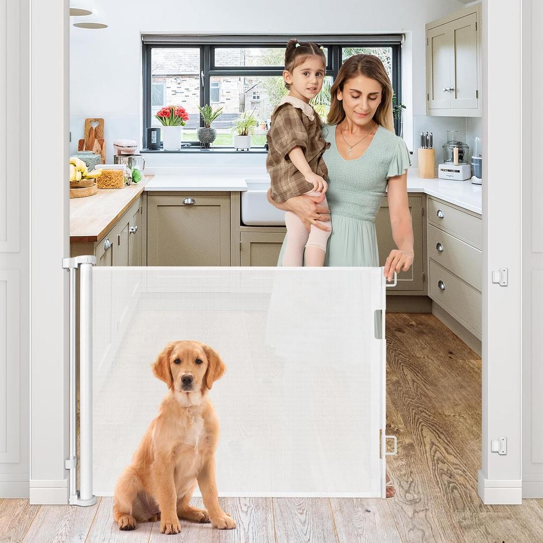 Retractable Baby Gates for Doorways 33 Tall X 55 Wide Retractable Baby Gate for Stairs Outdoor Dog Gate Indoor Doorway Mesh Gates for Kids or Pets to Providing a Safe Environment to Play, White