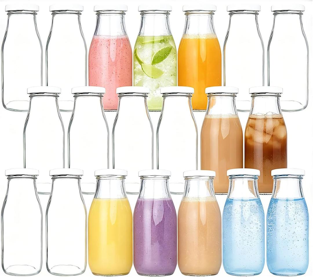 QAPPDA 12 oz Glass Bottles, Glass Milk Bottles with Lids, Vintage Breakfast Shake Container, Vintage Drinking Bottle with Chalkboard Labels and Pen for Party,Kids,Set of 20