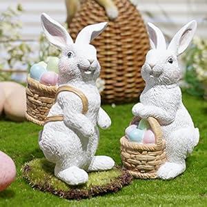 Newman House Studio Easter-Decorations Bunny-Decor Spring-Figurines Table-Centerpiece - 2PC Spring Decorations Resin Rabbits with Carrot and Flower Tabletop Ornaments for Home Farmhouse 4.5H inch