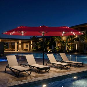 15ft Large Patio Umbrella with Solar Lights and Base, Double-Sided Outdoor Rectangle Umbrella with 48 LED Lights, Market Table Umbrellas with UV Resistant Canopy