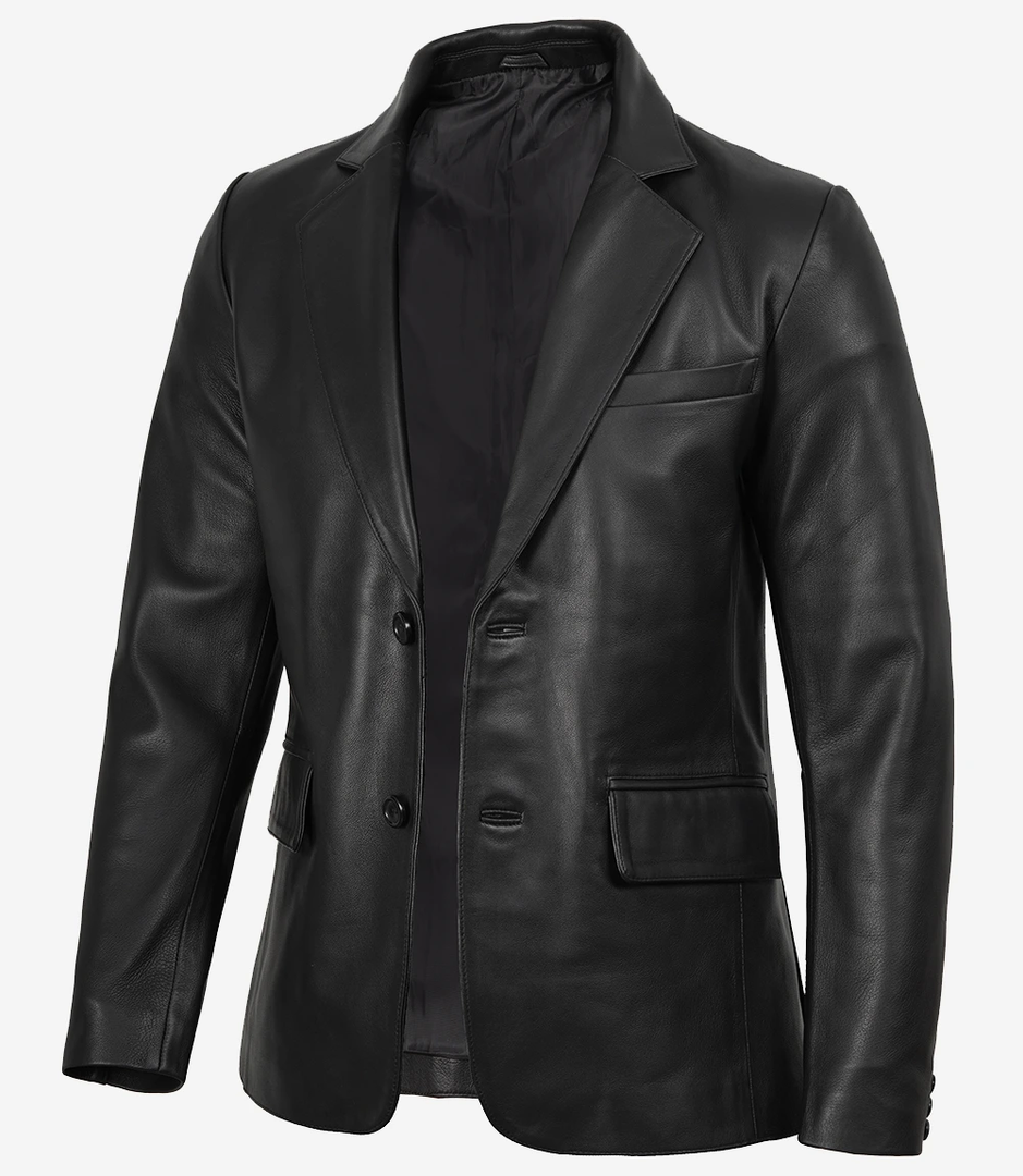 Premium Jackets Men's Notch Lapel Two Button Black Leather Blazer Jacket, L