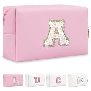 Personalized Initial Letter Makeup Bag, Preppy Glitter Letter Patch Cosmetic Pouch Zipper, PU Waterproof Travel Toiletry Bag Cute Makeup Organizer Monogrammed Make Up Bag, Gift for Women Girls(Letter A)