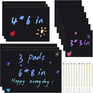 12 Packs Black Sticky Notes Kit Include 3"x3", 4"x6", 6"x8" Inch Black Notes Total 855 Sheets and 12 Pcs Colored Metallic Pens Self Stick Cute Sticky Pads for Office Home School Supplies