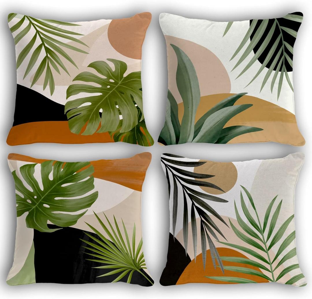 OGILRE Boho Botanical Tropical Leaf Plant Abstract Nature Home Bedroom Decorations Soft Throw Pillow Cover, Watercolor Drawing Boho Pillow Case Pillowcase, 18x18 Inch 4 Pcs