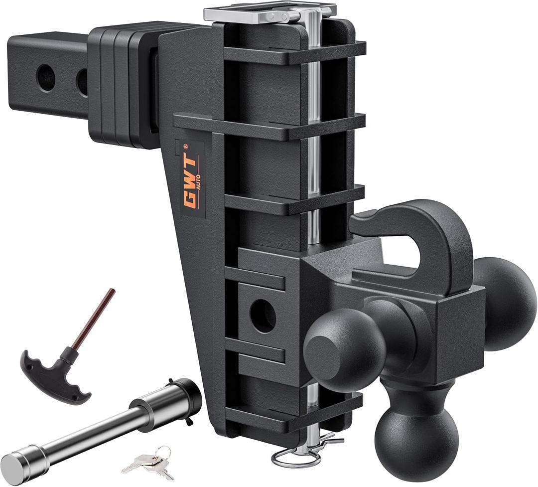 Adjustable Trailer Hitch with Hook, Tri-Ball (1-7/8" x 2" x 2-5/16") Drop Hitch, Fits 2-Inch Receiver, 6 Inch Drop Hitch, 17000 LBS GTW-Class 3 Tow Hitch for Heavy Duty Truck, Solid Ball Mount (2 inch 6 drop w/ hook)