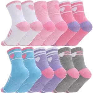 Jspupifip 6 Pairs Kids Girls Pink White Crew Athletic Socks with Stripes Hearts,Casual Stretchy Socks for Girls and Boys, Size: 9-12 Years