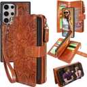 Harryshell Detachable Magnetic Zipper Wallet Leather Case with Cash Coin Pocket 12 Card Slots Holder Wrist Strap Lanyard for Samsung Galaxy S24 Ultra 5G 6.8 inch (2024) (Flower Brown)