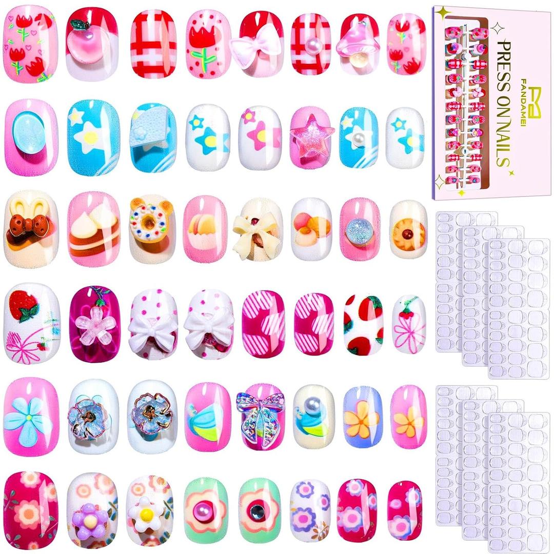 FANDAMEI Girls Press on Nails, 6 Styles 144PCS Press on Nails for Kids, Nails for Little Girls, Kids Fake Nail Ste with 3D Nail Charms and Gems, Adhesive Tabs