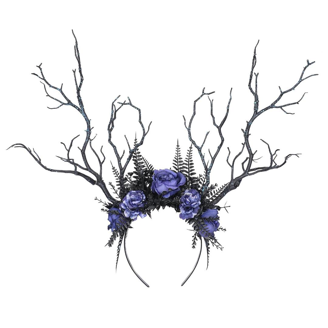 MOSTORY Handmade Black Branch Headband Gothic Woodland Antler Headpiece Fairy Forest Flower Crown for Women Girls Renaissance Halloween Elf Cosplay Party Photo Prop Blue