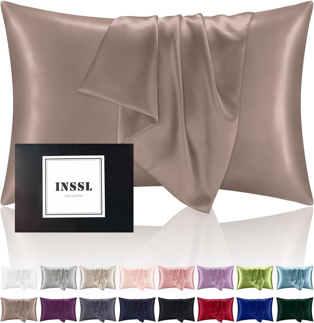 INSSL Mulberry Silk Pillowcase for Hair and Skin Health, Natural Silk Pillow Cover with Hidden Zipper Both Side Silk (Light Coffee, Standard 20"x26")