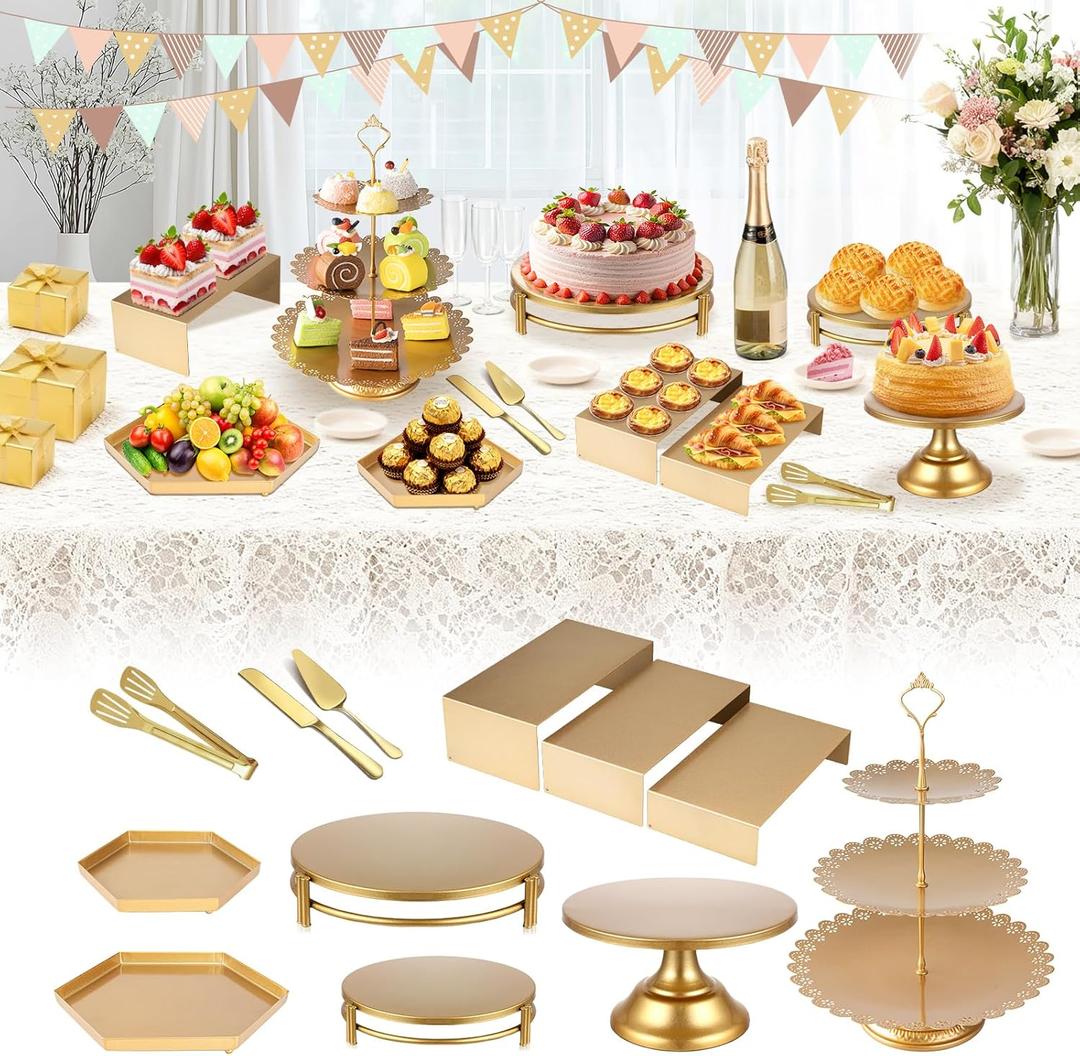 BUQ 12 PCS Gold Cake Stand Set, Dessert Table Display Set with Metal Cupcake Stand and Cake Stands for Party, Wedding, Birthday, Anniversary, Baby Shower, Thanksgiving, Christmas