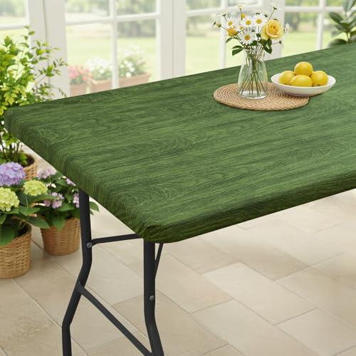 Smiry Rectangle Table Cloth Cover, Waterproof Elastic Fitted Picnic Tablecloth for 6 Foot Tables, Wipeable Flannel Backed Vinyl Tablecloths for Camping, Dining, Outdoor (Green & Black, 30" x 72")