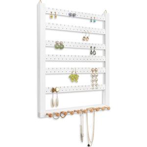 Mymazn Easy Assemble Solid Beech Wood Earring Hanging Necklace Holder Hanger Wall Mount Jewelry Organizer Rings Scruncies Organization (white)