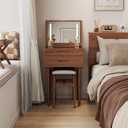 Muwuele Solid Wood Small Vanity Desk with Mirror and Lights, Narrow Makeup Vanity for Small Space, Flip Top Vanity Side Table, 3 Color Modes & Adjustable Brightness, 19.6" Slim Dressing Table, Walnut