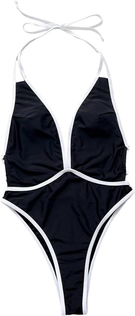 Floerns Women's Contrast Binding One Piece Swimsuit High Cut Halter Tie Backless Monokini (Black, L)