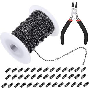 Mudder 65 ft Ball Necklace Chains, 2. 4mm Bead Link Dog Tag Chain Roll with 40 Ball Connectors and Plier for Necklace Hanging Ornament Key Chain Dog Pet Tags(Black)