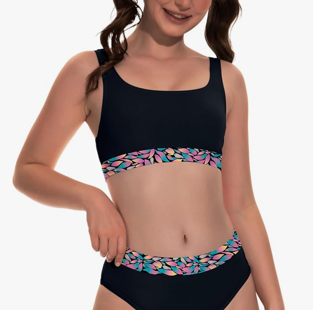 Beautikini Period Swimwear for Teens Two Piece Menstrual Leakproof Swimsuit Bikini Set Mid Waist Print Bathing Suit for Girls Size XXS