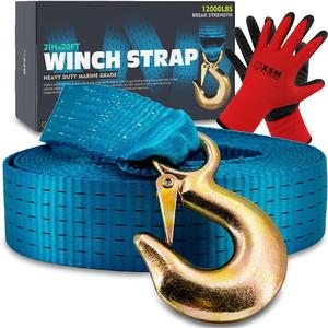 Heavy-Duty Marine-Grade Boat Trailer Winch Strap Kit (2" x 20', 12,000 lbs Break Strength) for PWC, Pontoons & Fishing Boats – Includes Forged Hook & Work Gloves, Blue
