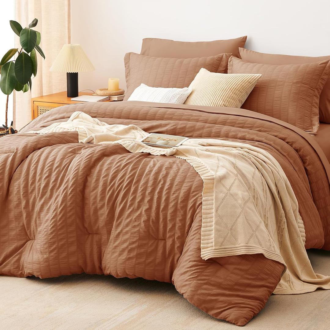 CozyLux King Size Comforter Set Pumpkin Seersucker 7 Pieces Bed in a Bag King Comforter Set with Sheets, Luxury Bedding Set with Down Alternative Comforter, Sheets, Pillowcases & Shams All Seasons