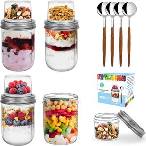 4 Pack Overnight Oats Containers with Lids and Spoons, Dual-Layer Chia Pudding Jars with Dry/Wet Separation,Yogurt Parfait Cups, 16 oz+4oz Glass Mason Salad Jars with Lids for Breakfast Oatmeal Cereal