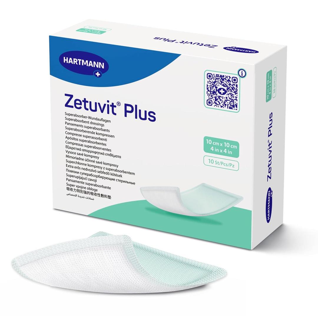 Zetuvit Plus Superabsorbent Wound Dressing  High-Absorbency Sterile Pads (Non-Adhesive/Non-Border) for Moderate to Heavy Exudate  4 x 4 in., Box of 10