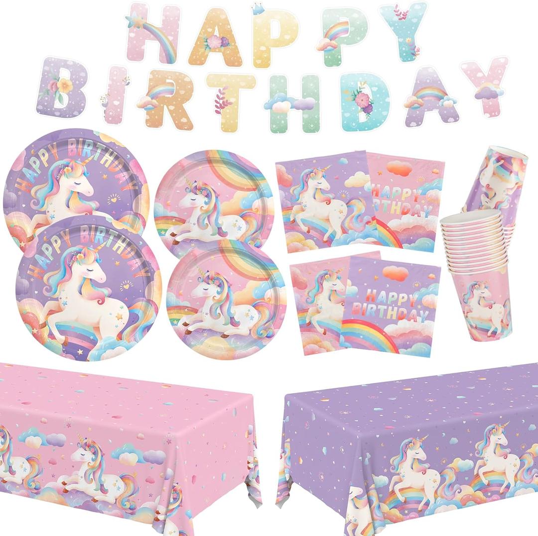 birthday Party Supplies Kit for 24 Guests - for Unicorn Birthday Decorations, Includes Dinner & Dessert Plates, Napkins, Cups, Banner and Tablecloth for Unicorn 1st Birthday Party Decorations