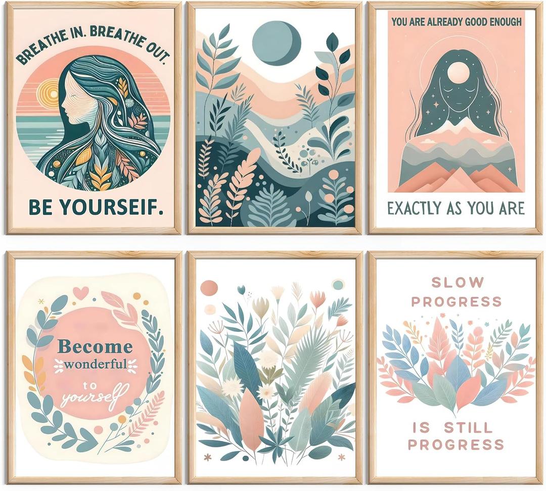 Huatsing 6Pcs Pink Motivational Wall Art Inspirational Women poster pint boho Abstract Botanical Floral pictuer painting for Home Office and Classroom wall deocr 12×16 in(Poster)