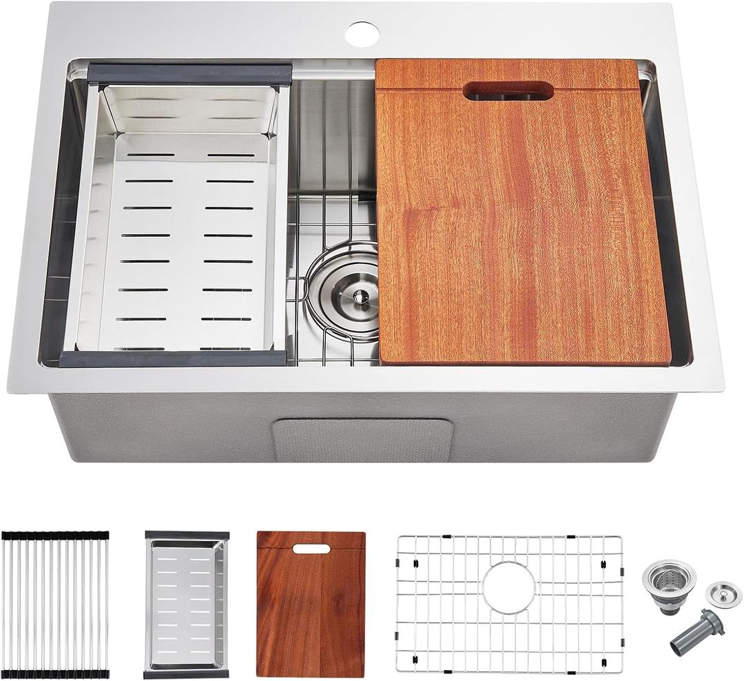 MENATT 23 Inch Kitchen Sink Drop In, 18 Gauge Stainless Steel Topmount Single Faucet Hole Single Bowl Ledge Workstation Kitchen Sink (Brushed)