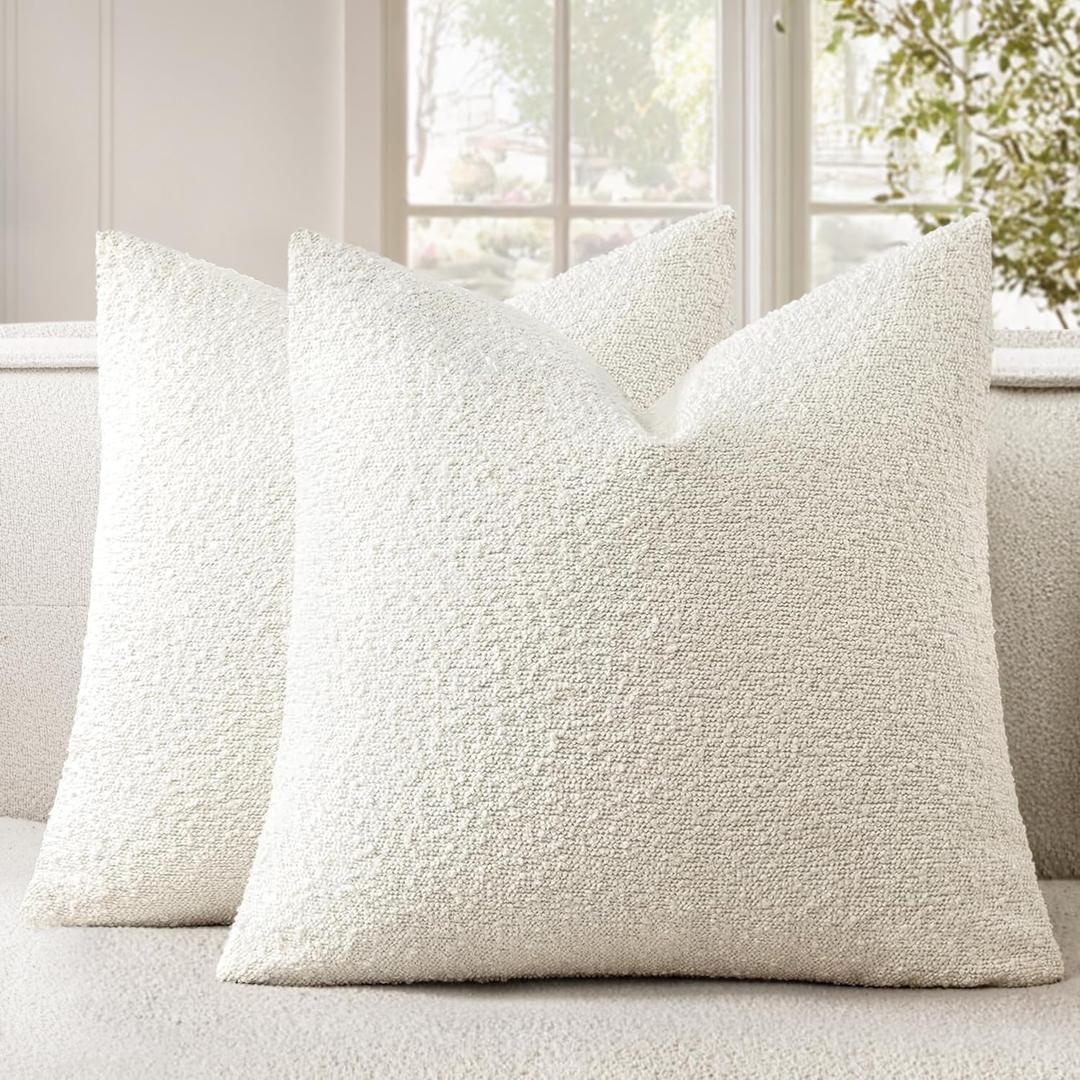 Woaboy Pack of 2 24x24 Inch Decorative Boucle Throw Pillow Covers Textured Square Pillowcaes Accent Euro Solid Cozy Soft Cushion Covers Home Decor for Bed Sofa Couch Living Room,White
