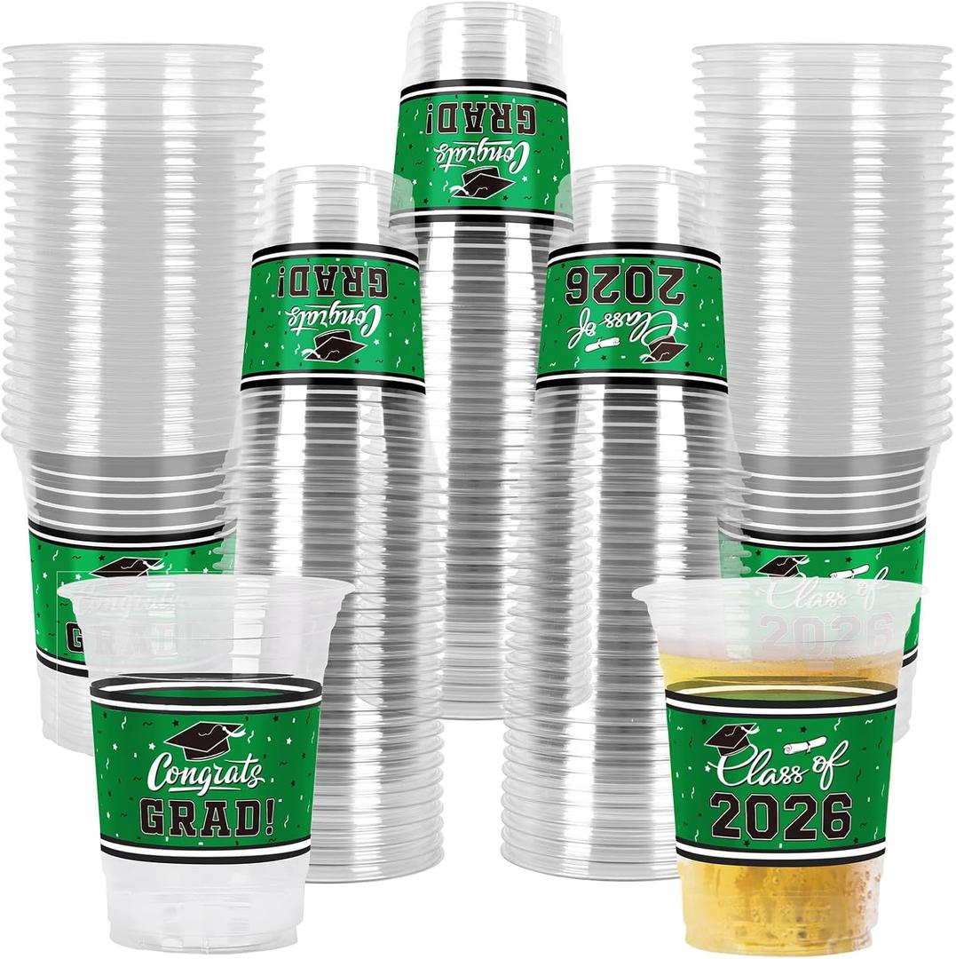 Gatherfun Class of 2026 Celebration - 100 Pcs 16oz Green Graduation Plastic Cups for Sturdy & Durable Drinkware for Grad Festivities | Essential Graduation Party Supplies & Decorations