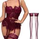 Lilosy Sexy Stocking Underwire Babydoll Lace Mesh Garter Lingerie Set with Panty 4 Piece (Large, Red)