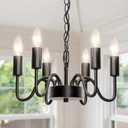 Black Chandelier for Dining Room, Rustproof 6-Light Farmhouse Chandelier Light Fixture, 47Inches Modern Candle Hanging Light for Bedroom, Adjustable Rope, E12 Small Base, Bulbs Not Included