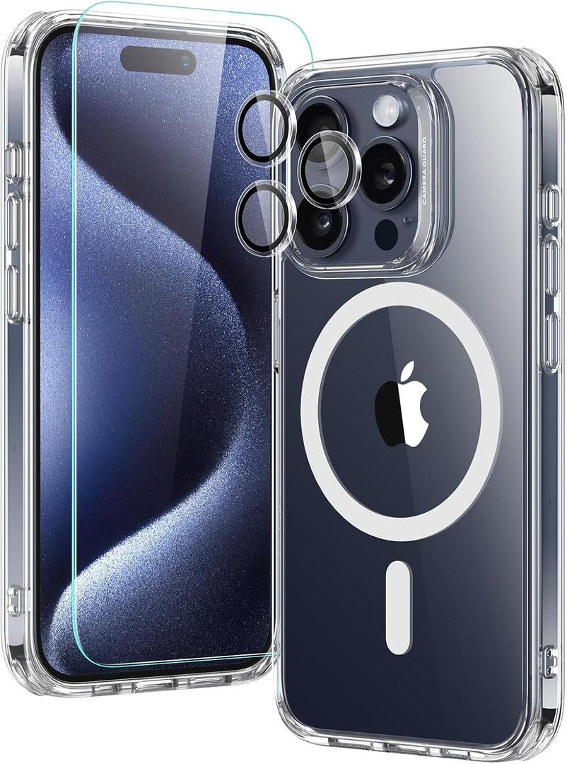 ESR for iPhone 15 Pro Case Set, 1 Tempered-Glass Screen Protector, 1 Set of Lens Protectors, Military-Grade Protection, Yellowing and Scratch Resistant MagSafe Phone Case, Classic Series, Clear
