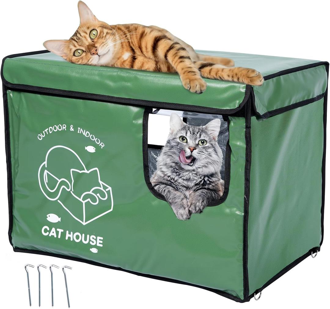 Indestructible Cat House Outdoor with Two-Sided Escape Door, Insulated and 100% Waterproof, Outside Weatherproof Feral Cat Shelter for Winter, Oxford Cloth Upgraded (Green, L)