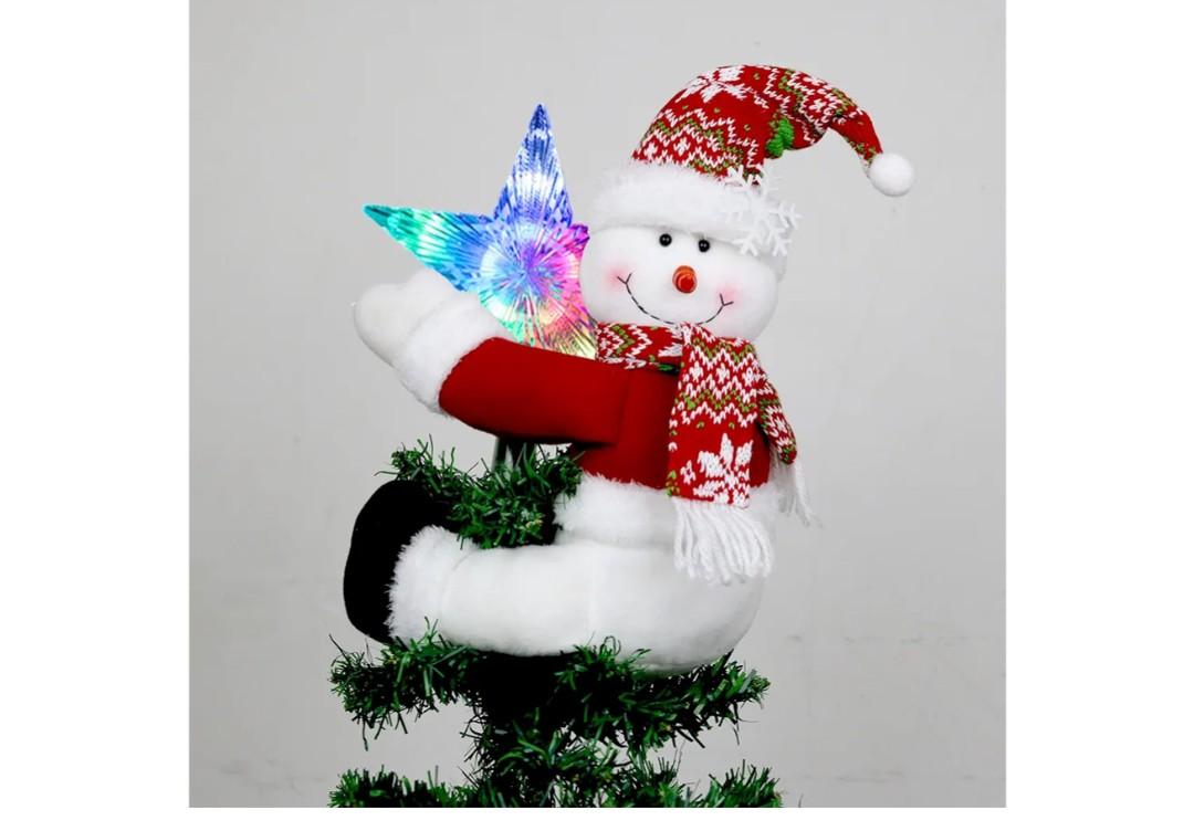 Snowman and Star Tree Topper with Lights Christmas Decorations,Unique Funny Xmas Plush Stuffed Snowflake Hat Snowman Hugger Decor and Battery Operated Colorful Star Tree Ornaments Red White