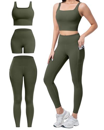 SALSPOR 3 Piece Workout Sets for Women High Waisted Leggings with Pockets Tummy Control Biker Shorts Yoga Sports Bra(3YFTZ-Army Green-2XL)