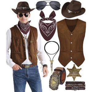 8 PCS Mens Western Cowboy Costume Set with Cow Vest & Hat Retro Accessories Halloween Party Cosplay (X-Large, Darkbrown)