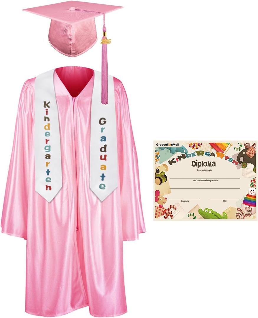 GraduationMall Kindergarten Graduation Cap Gown Stole Package with 2025 Tassel, Certificate (Small, Pink)