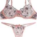 Lilosy Women Sexy Floral Embroidered Mesh Sheer Underwire Push Up Lingerie Set (Large, Black Pink)