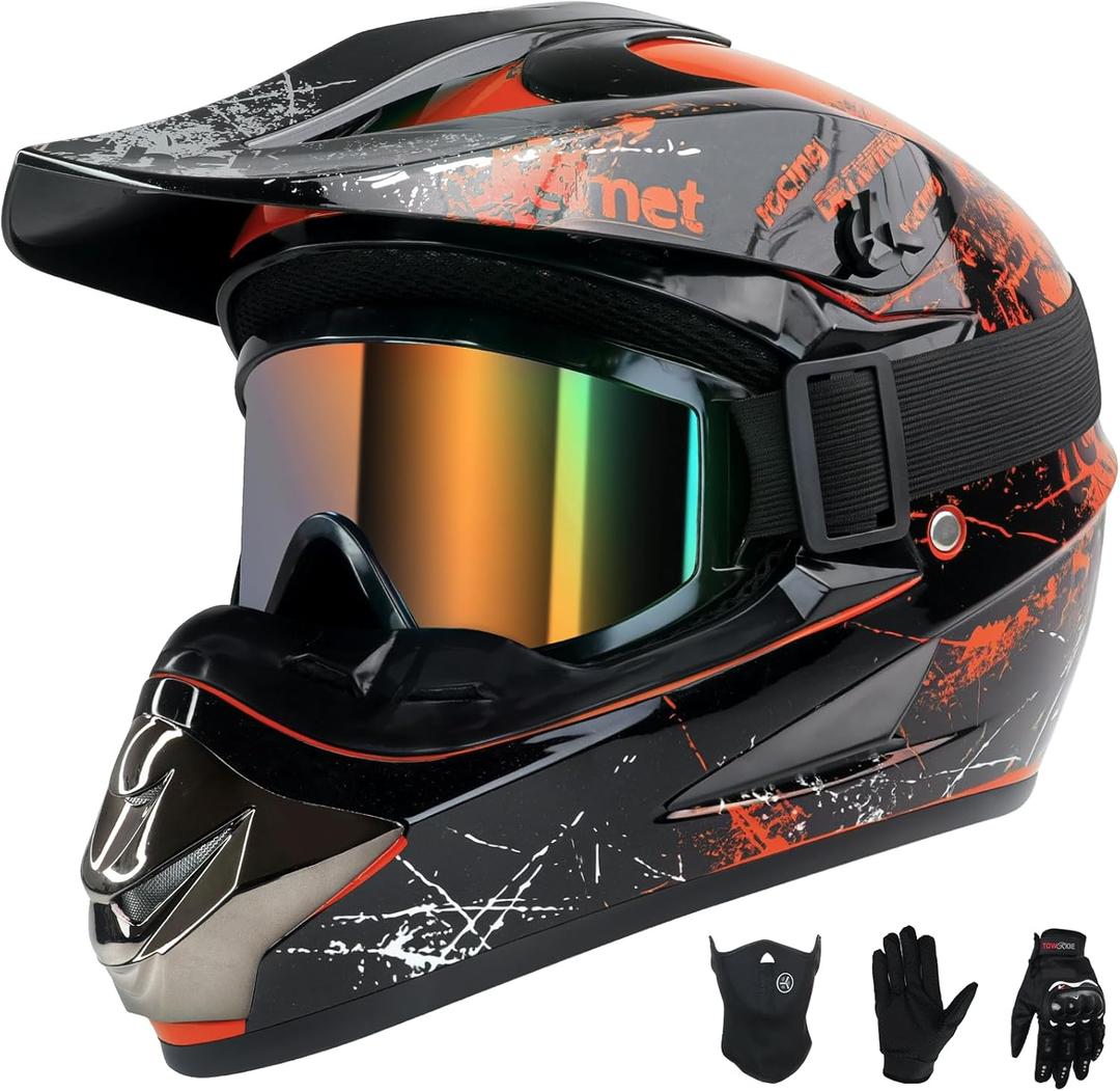 Youth Kids Dirt Bike Helmet Full Face Helmets,Motorcycle Helmets for Boys and Girls 8-14,Includes (Gloves Goggles Mask) 4Pcs Set,Motocross Bike Helmet for Off-Road ATV BMX MX,DOT Approved (Orange,M)