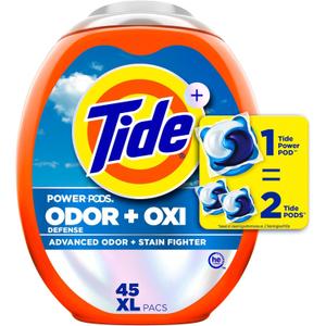 Tide Ultra OXI Power PODS with Odor Eliminators Laundry Detergent Packs, HE Compatible, Works on Visible and Invisible Dirt, 45 Count Packs