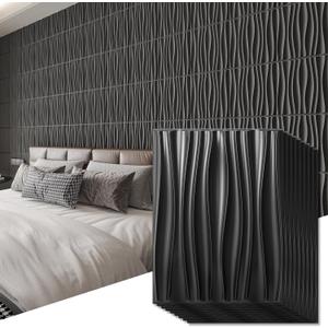 Art3d 24-Pack 3D Wall Panels for Interior Home Dcor, PVC Wavy Textured Accent Wall Paneling for Living Room Bedroom TV Backdrop Office, 15.7 x 11.8 Inch - Black