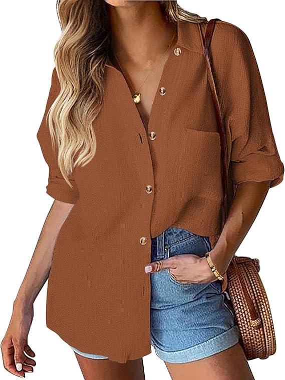 HOTOUCH Womens Linen Button Down Shirt Casual Long Sleeve Cotton Blouse Loose Fit Collared Work Gauze Tops with Pocket M 