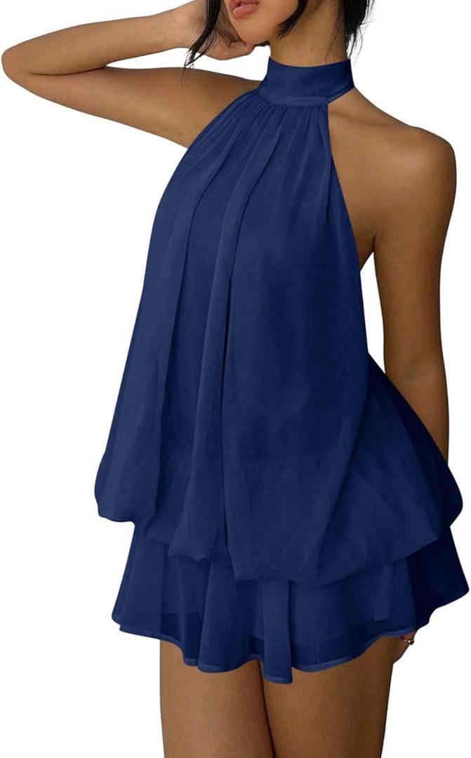 Verdusa Women's Chiffon Halter Drop Waist Wedding Guest Dresses Ruffle Summer Mini Dress Brunch Outfits (Dark Blue) Small