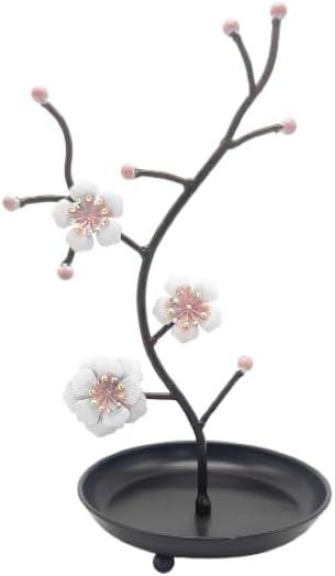 White & Pink Orchid Blooms Jewelry Display Stand | Faux Crystal Dcor Black Tray | Tree Tower Rack Hanging Organizer for Rings Earrings Necklaces Bracelets | Holder Organizer Storage
