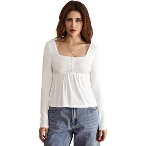 Women's Square Neck Peplum T Shirt Long Sleeve Button Front Going Out Tops Small