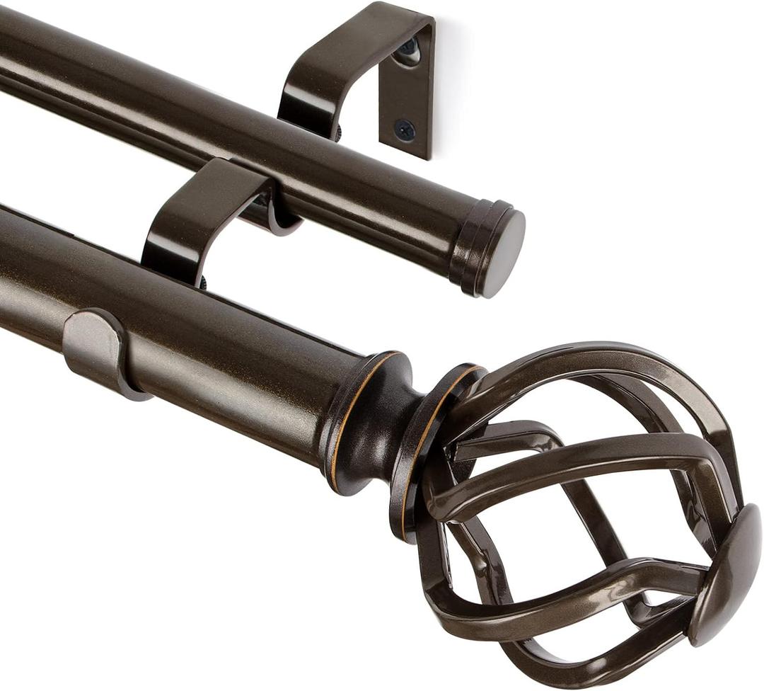 KAMANINA 1 Inch Double Curtain Rods 66 to 120 Inches (5.5-10 Feet) Telescoping Heavy Duty Drapery Rod for Windows 54 to 115 with Twisted Cage Finials, Antique Bronze