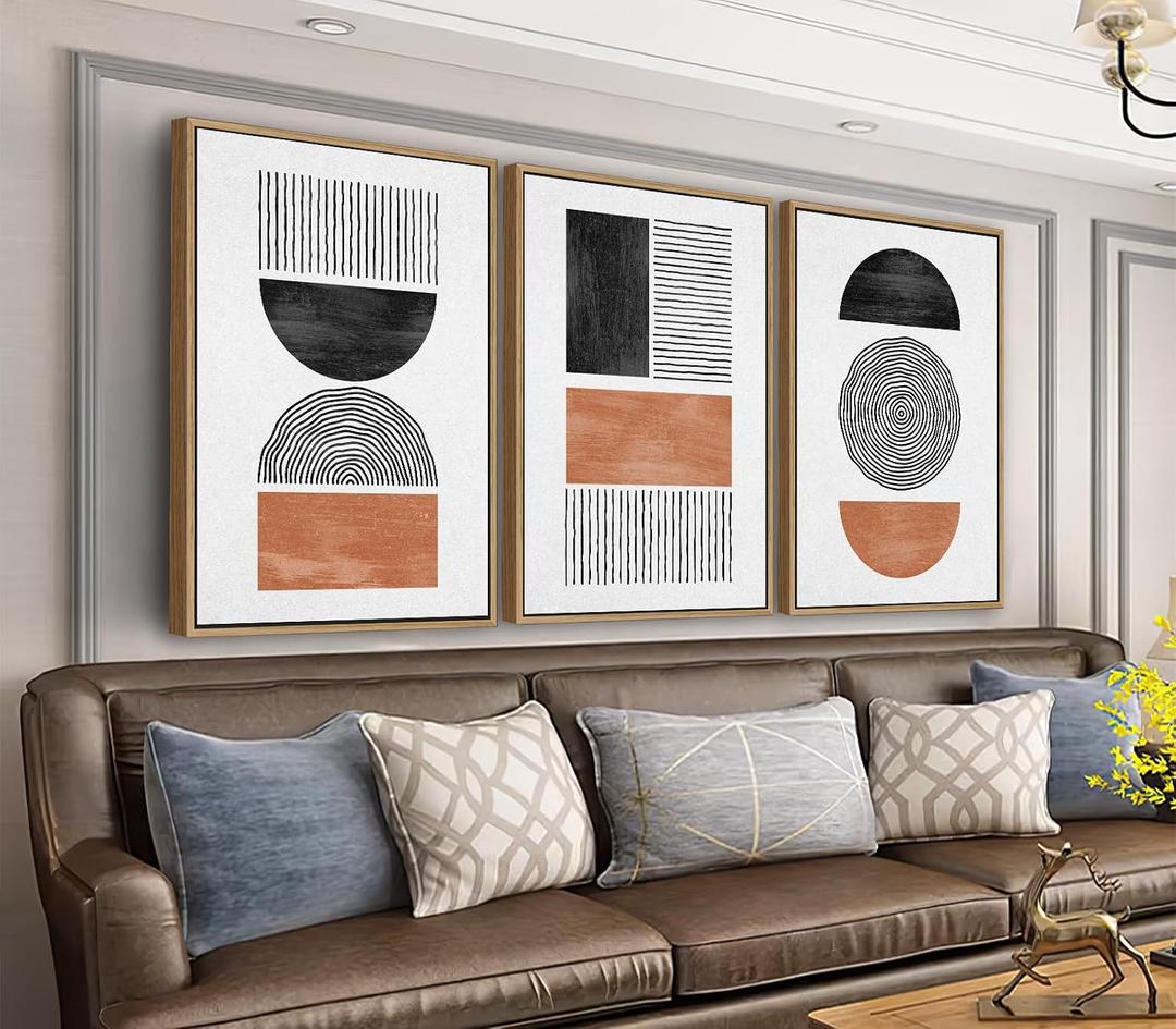 Framed Wall Art Canvas Set Mid Century Boho Pictures Modern Geometric Wall Decor Minimalist Black Brown Bohemian Abstract Painting Artwork for Living Room Bedroom Office 20"x28"x3 Natural, 20" x 28" x 3Pcs